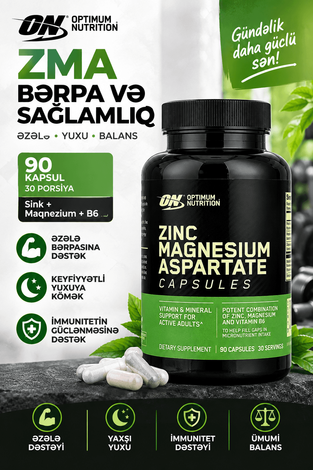Optimum Nutrition ZINC MAGNESIUM ASPARTATE(90 Kapsul -30 Porsiya)